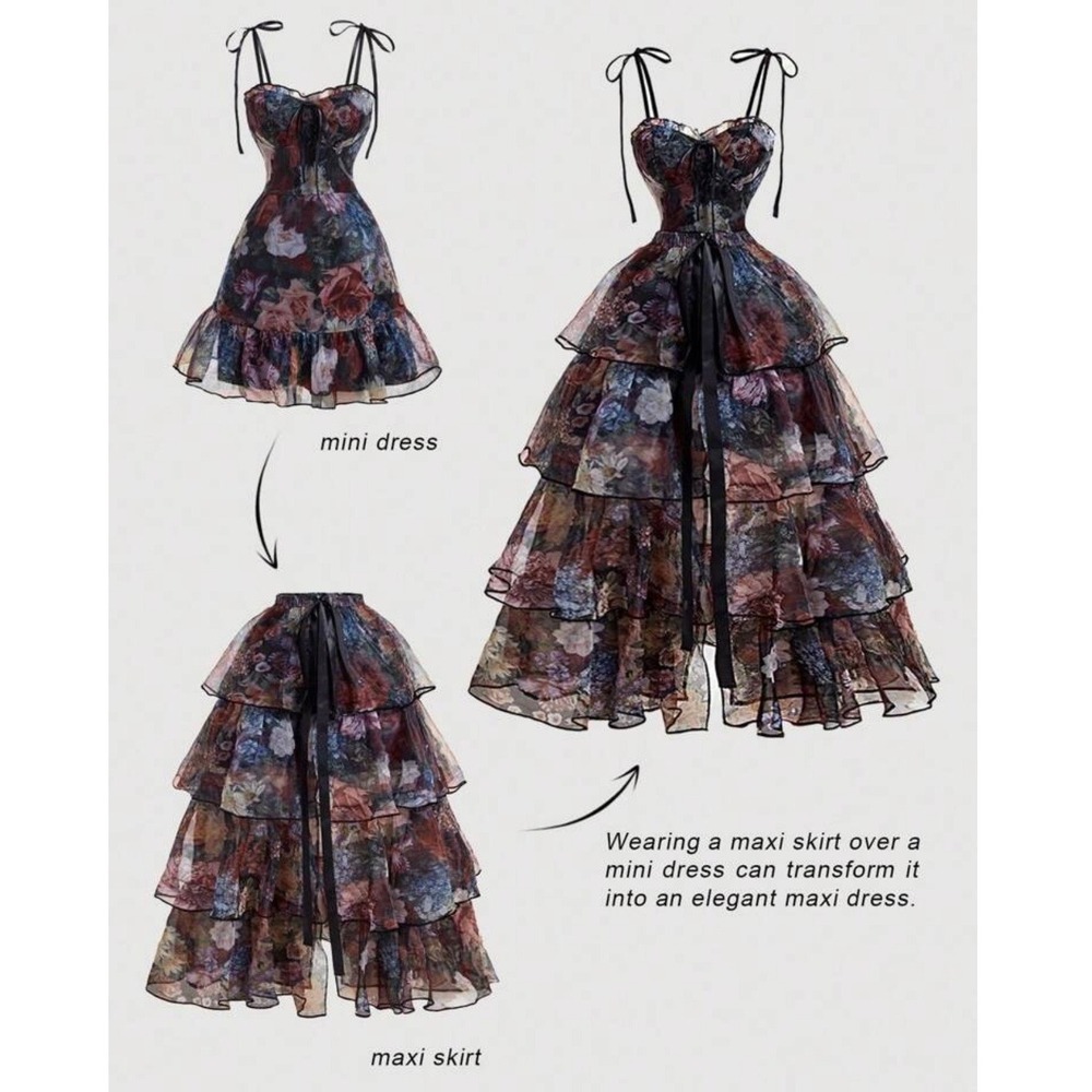 MOD Black Floral 2in1 Detachable Maxi Gown Dress Set Womens Large 8/10 READ
